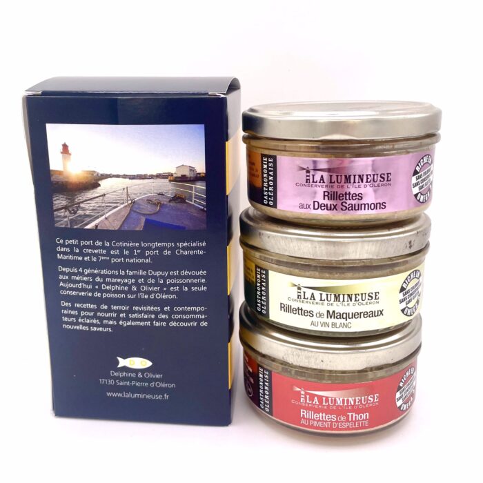Coffret Jaune : Rillettes aux Deux Saumons, Rillettes de Maquereaux au Vin Blanc, Rillettes de Thon au Piment d'Espelette