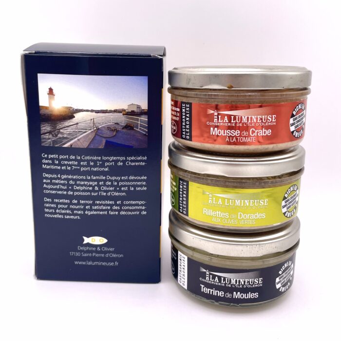 Coffret Jaune : Mousse de Crabe à la Tomate, Rillettes de Dorades aux Olives Vertes, Terrine de Moules