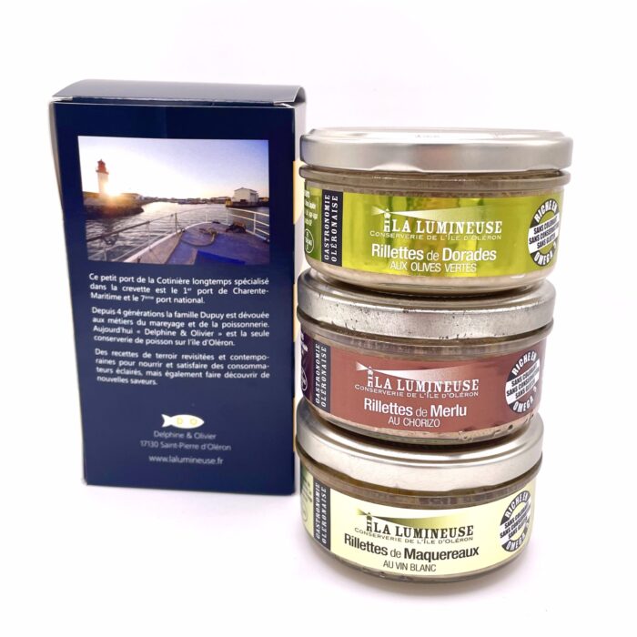 Coffret Jaune : Rillettes de Dorades aux Olives Vertes, Rillettes de Merlu au Chorizo, Rillettes de Maquereaux au Vin Blanc