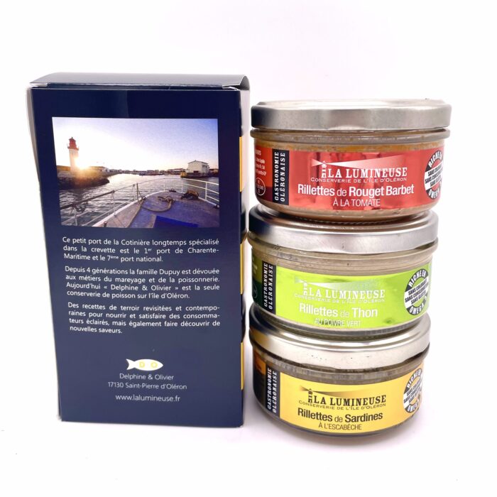 Coffret Jaune : Rillettes de Rouget Barbet à la Tomate, Rillettes de Thon au Poivre vert, Rillettes de Sardines à l'Escabèche