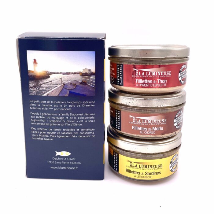 Coffret Jaune : Rillettes de Thon au Piment d'Espelette, Rillettes de Merlu au Chorizo, Rillettes de Sardines à l'Escabèche