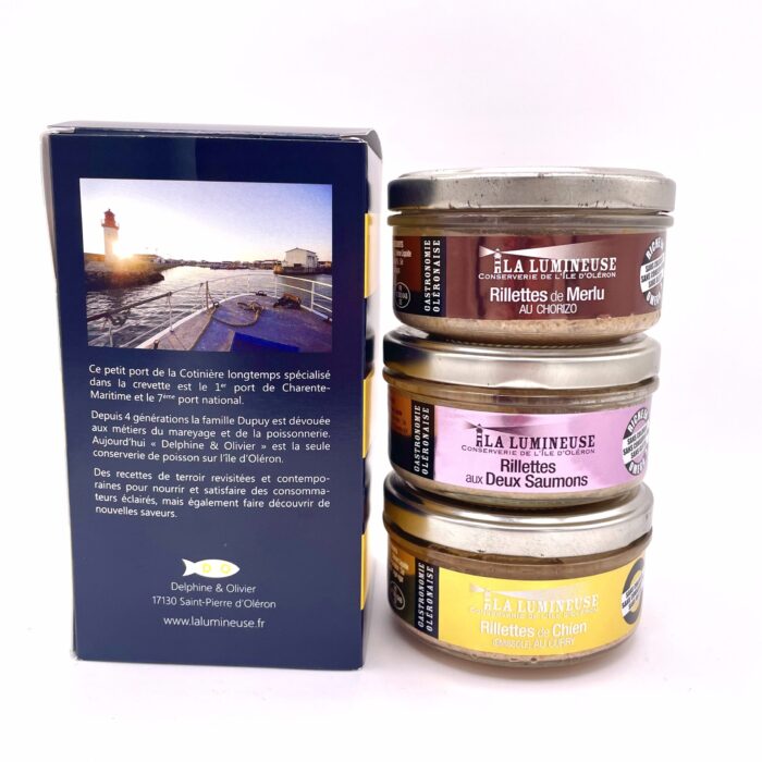 Coffret Jaune : Rillettes de Merlu au Chorizo, Rillettes aux Deux Saumons, Rillettes de Chien au Curry