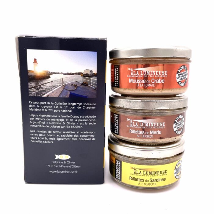 Coffret Pâques : Mousse de Crabe à la Tomate, Rillettes de Merlu au Chorizo, Rillettes de Sardines à l'Escabèche