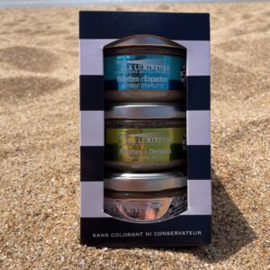 Coffret Été Indien : Rillettes d'Espadon au Piment d'Espelette, Rillettes de Dorades aux Olives vertes, Mousse de Noix de St-Jacques au Bacon