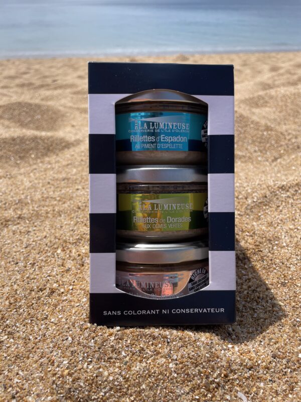 Coffret Été Indien : Rillettes d'Espadon au Piment d'Espelette, Rillettes de Dorades aux Olives vertes, Mousse de Noix de St-Jacques au Bacon