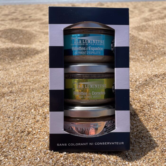Coffret Été Indien : Rillettes d'Espadon au Piment d'Espelette, Rillettes de Dorades aux Olives vertes, Mousse de Noix de St-Jacques au Bacon