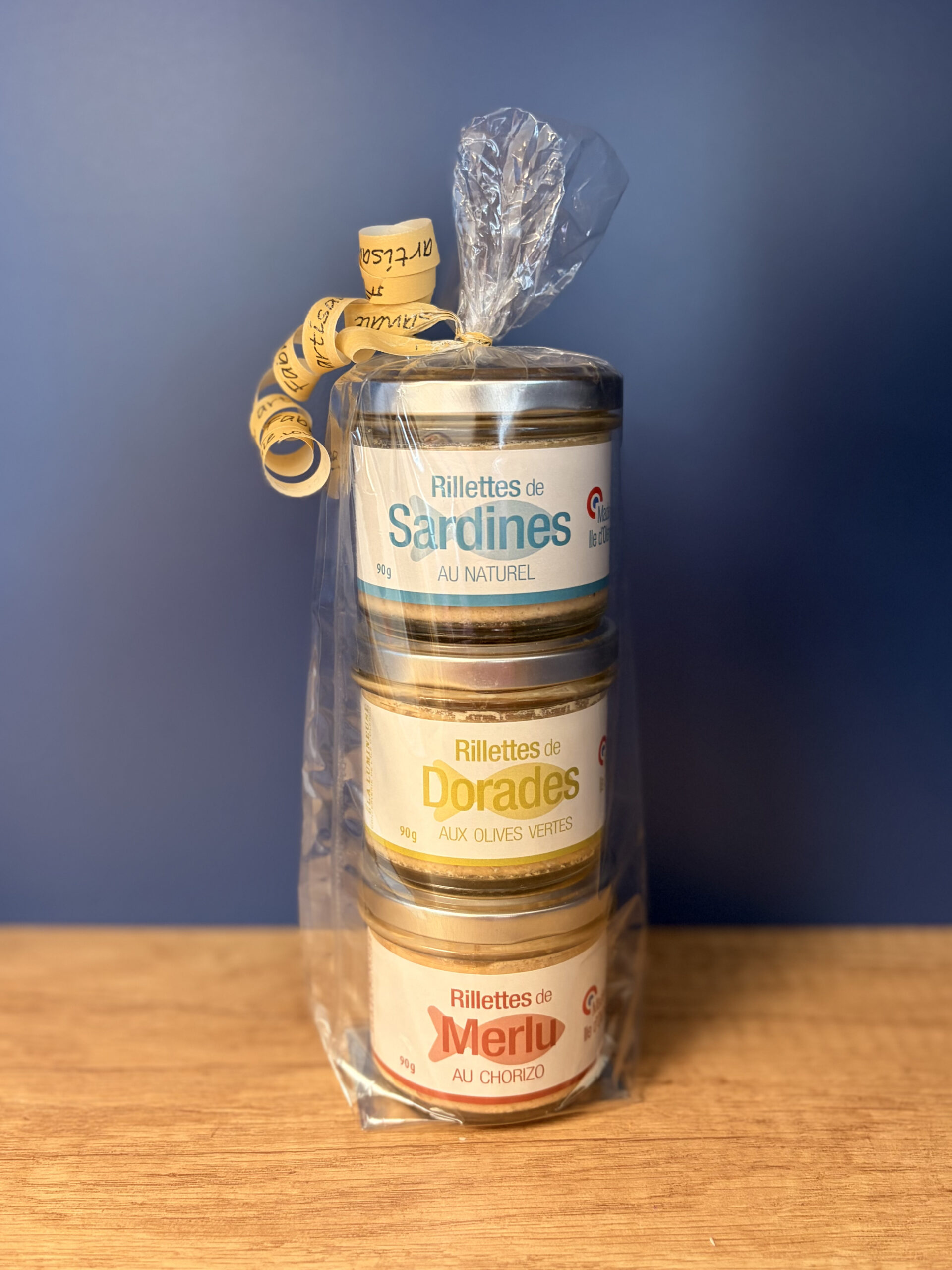 Trio Lumi 90 g : Rillettes de Sardine au Naturel, Rillettes de Dorades au Olives vertes, Rillettes de Merlu au Chorizo