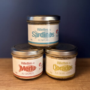 Trio Lumi 90 g : Rillettes de Sardine au Naturel, Rillettes de Dorades au Olives vertes, Rillettes de Merlu au Chorizo