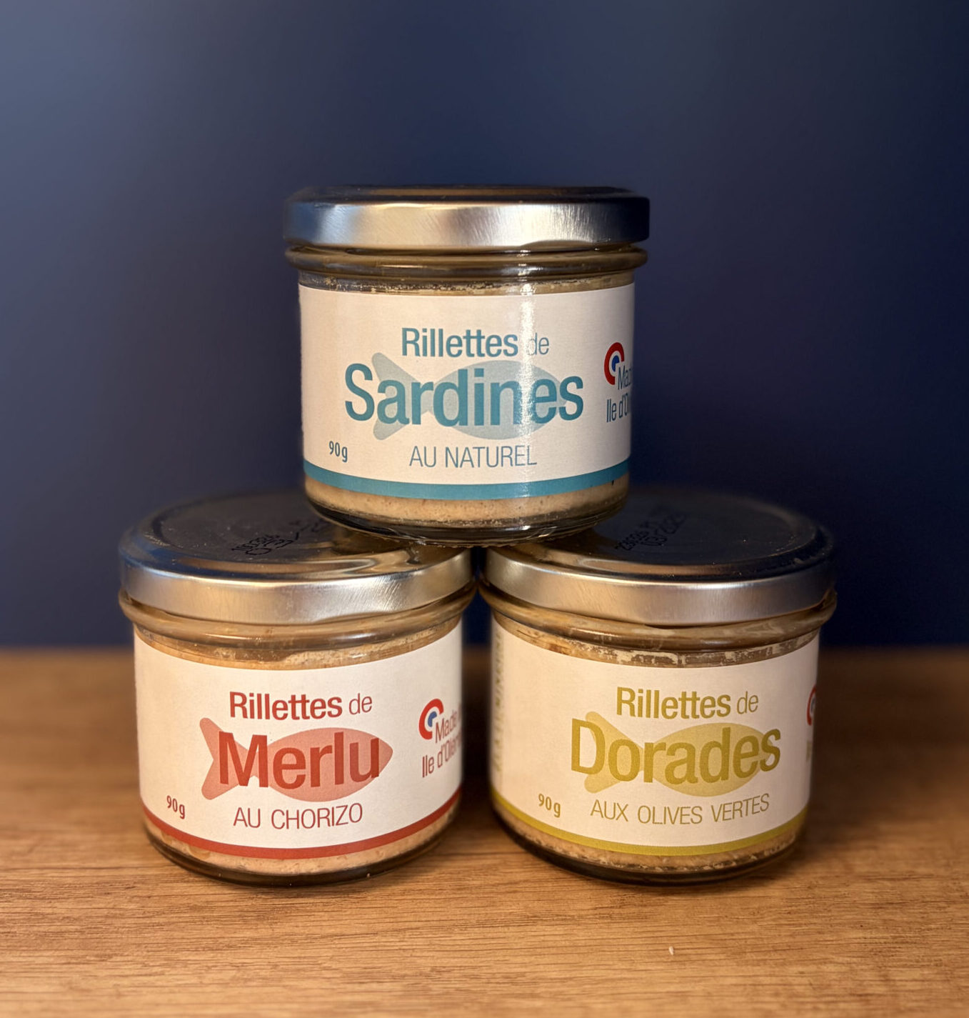 Trio Lumi 90 g : Rillettes de Sardine au Naturel, Rillettes de Dorades au Olives vertes, Rillettes de Merlu au Chorizo