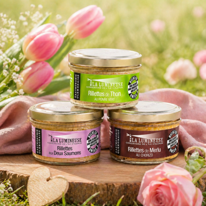 Coffret Fête des Mères : Rillettes de Thon au Poivre Vert, Rillettes aux Deux Saumons, Rillettes de Merlu au Chorizo
