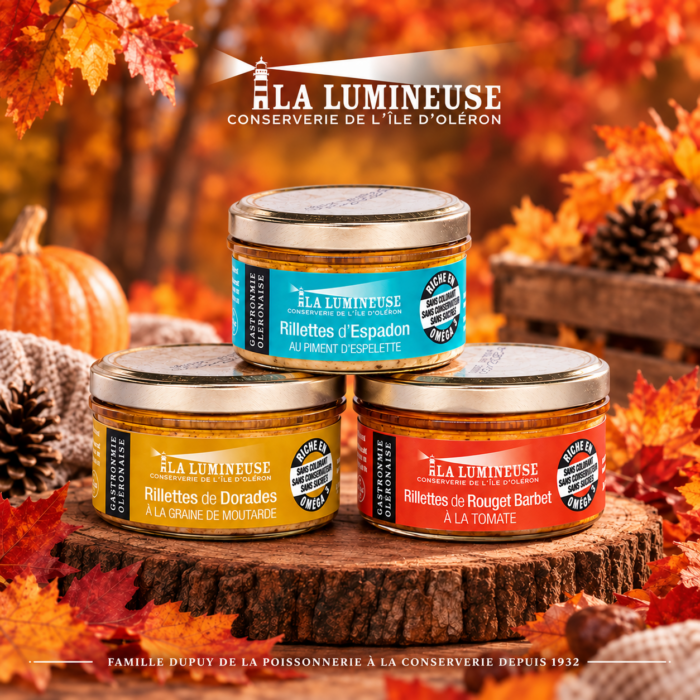 Coffret Automne : Rillettes d'Espadon au piment d'Espelette, Rillettes de Dorade à la graine de moutarde, Rillettes de Rouget Barbet à la tomate