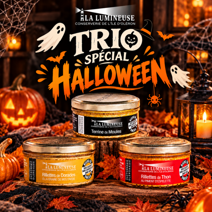 Coffret Halloween : Terrine de Moules, Rillettes de Dorade à la graine de moutarde, Rillettes de Thon au Piment d'Espelette